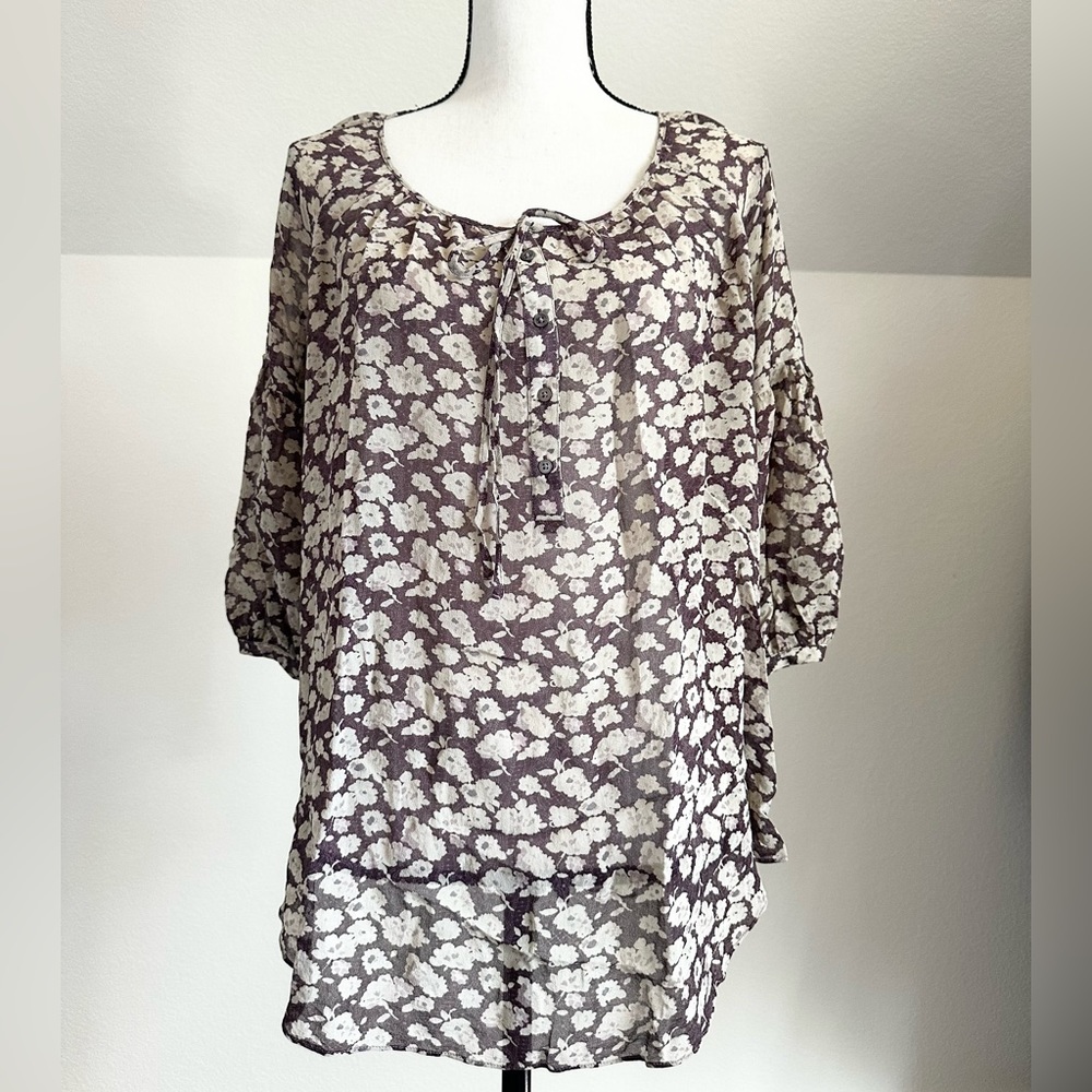 Club Monaco Silk Dark Floral Three-Quarter Sleeve Blouse Size Medium